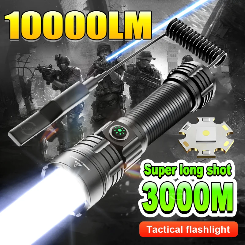 10000LM LED Flashlight Tactical Flashlight Long Range 3000m Super Powerful LED Flashlight Rechargeable Tactical Lantern