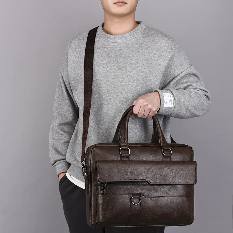 High Quality Leather Briefcase Men's Business Office Laptop Handbag 14 Inch Shoulder Bag Male Brand Tote For A4 File XA355C