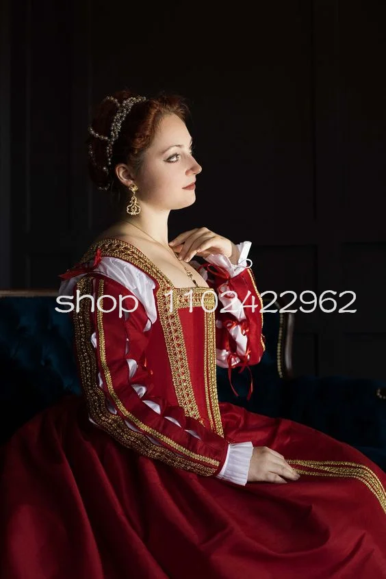 Red and gold Italian Renaissance Prom dresses for Women Long Sleeve Bustle Applique Costume History Evening Gown customsized