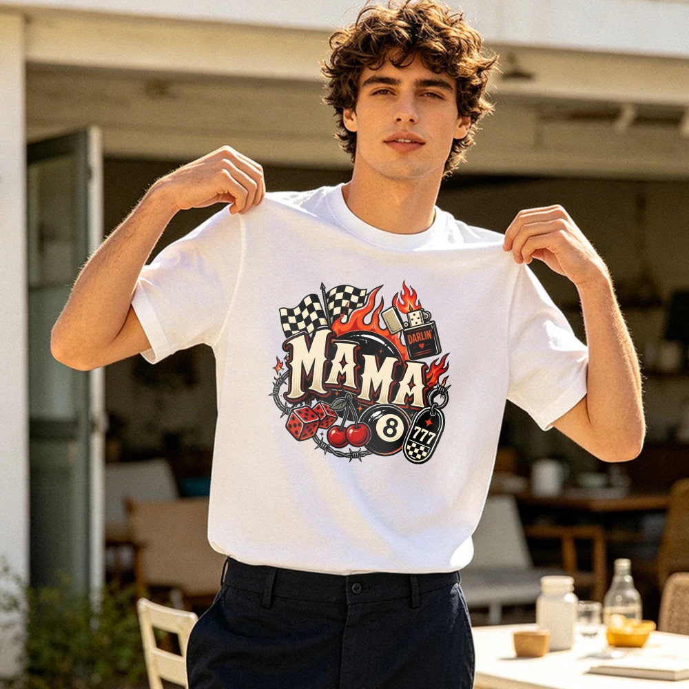 Retro Racing Flame Mama Dice Cherry Billiard Graphic Men Summer Cotton T Shirt Vintage Hot Rod Mom Short Sleeve Garment