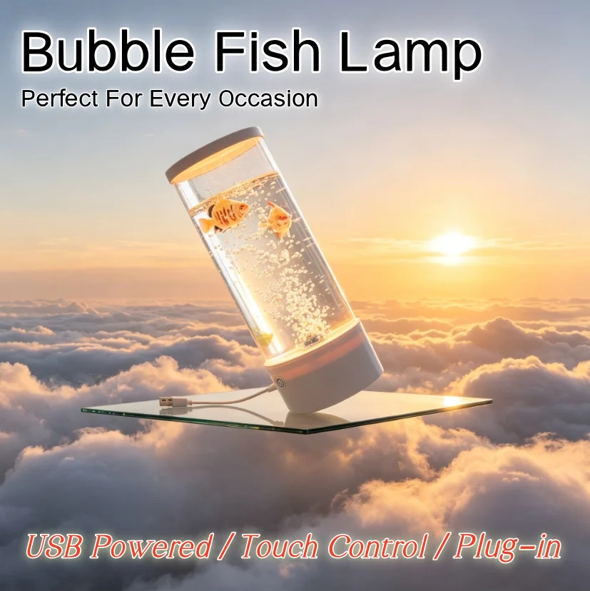 Artificial Fish Tank Lamp with 3 Simulation Fish Side Touch Control LED Bubble Light USB Powered Desk Lamp for Kids Adults Home Decor
