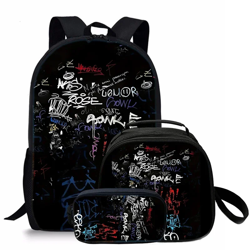Cool English Letter Graffiti Black Three Piece Set Backpacks for Boy and Girls Best Gifts 2D Cartoon School Bag for Children