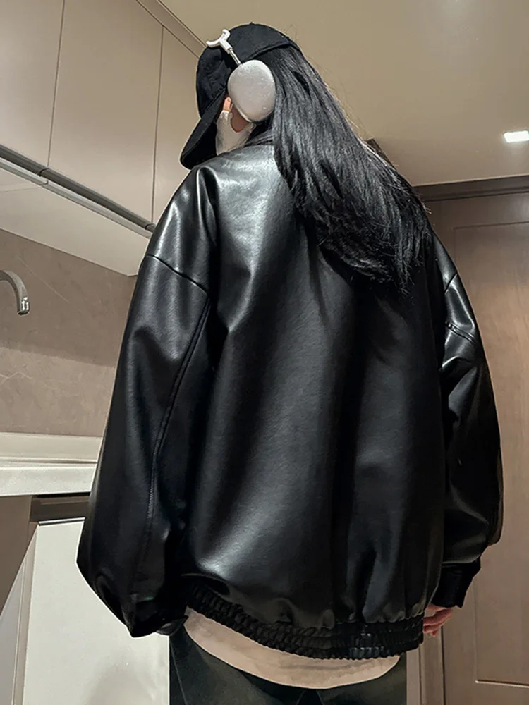 

Hip Hop PU Leather Jaet Men's Spring Autumn Sle American Retro Trendy Motorcycle Racing Suit Loose Fit Youth Faion