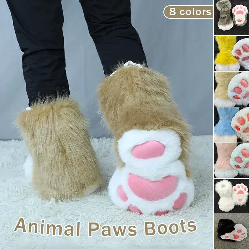 

1 Pair Furry Cat Paw Shoes Plush Animal Foot Socks for Cosplay Costume Tiger Claws with Nail Design Non-Slip for Halloween Party