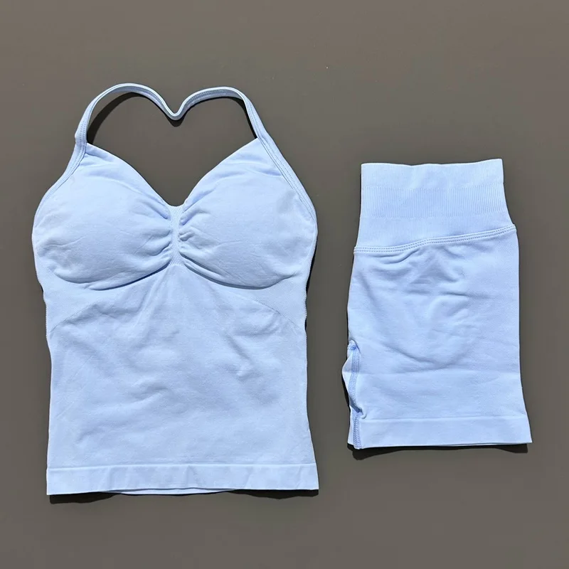 2-delige Histello sportset dames lange top met bandjes naadloze yoga tank scrunch butt workout shorts pak gym sportsets