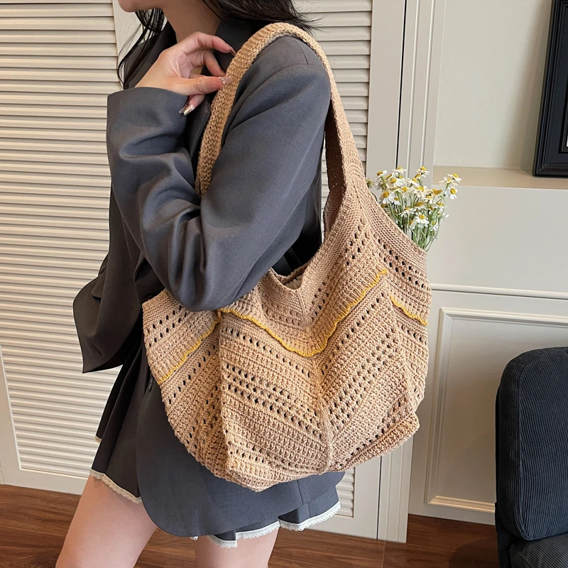 

Big Knit Women's Bag Knitted Eco Bag Korean Shopper Y2K Crochet Rope Shoulder Bag Sweet Knitting Handbag Chic Tote Boho Stylish