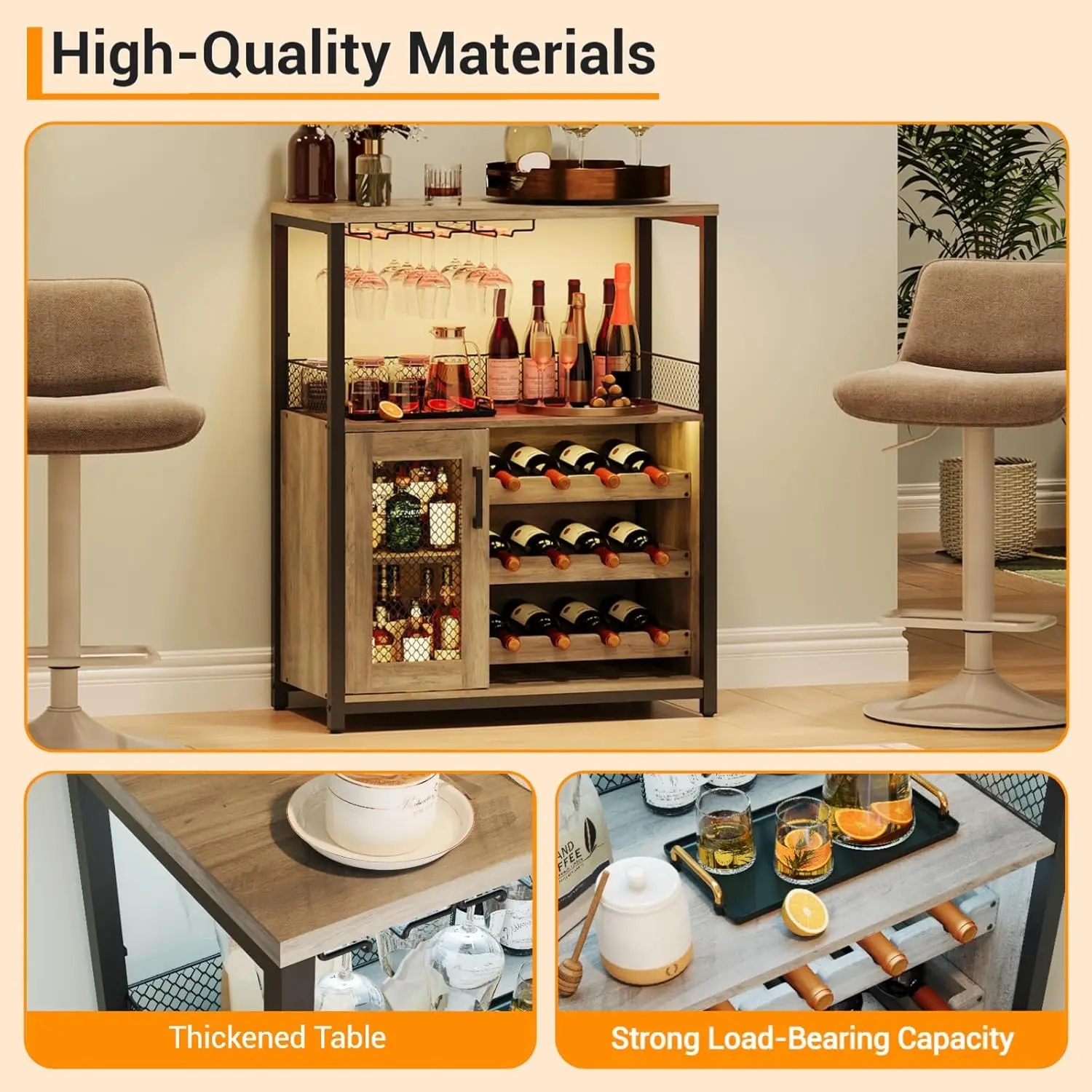 Шкаф для винного бара с местом для хранения вещей и съемной винной полкой, кофейный бар с держателем для стекла, 3-х уровневый кухонный шведский шкаф