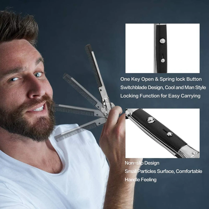 หวีเคราพับเก็บได้ทำจากสแตนเลสหวีจัดแต่งทรงผมด้ามจับยาวแบบพกพา