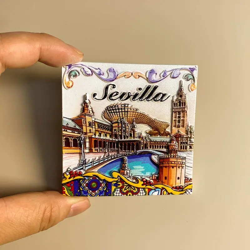 

High quality tourist souvenirs from Seville, Spain, refrigerator magnets, landscape architecture 3D relief gifts