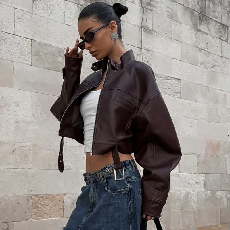 TARUXY, chaqueta holgada de cuero PU con cuello levantado, moda para mujer, hebilla de Metal, bolsillo con cremallera, empalme, abrigo corto de calle para Otoño e Invierno