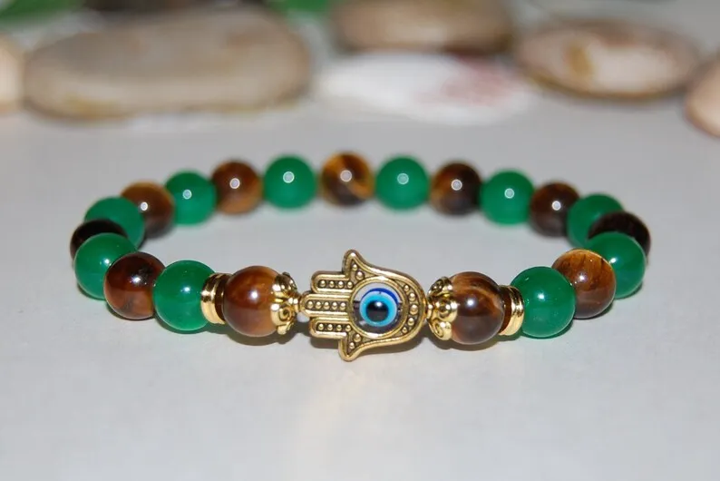 Tiger Eye Bracelet, Hamsa Bracelet, 8mm Tiger Eye Stone and Jade Stone Beads, Evil Eye Bracelet, Spirituality, Prayer, men