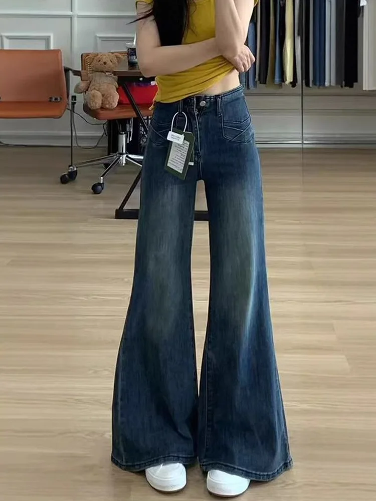 

American Retro High Waist Bell Bottom Jeans Women's New 2026 Pear Shaped Body Non Fitting Wide Leg Micro Flared Pants