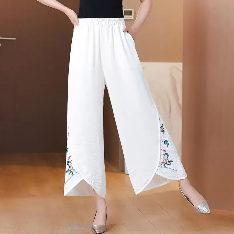 

Женские белые широкие брюки-кюлоты с цветочной вышивкой и высокой талией, повседневные брюки с асимметричным подолом