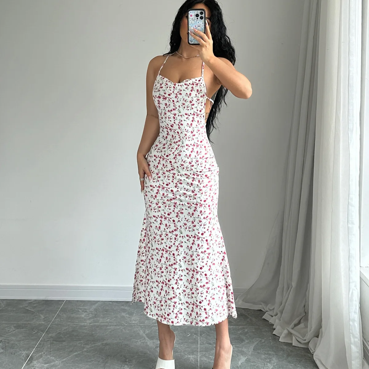 Y2K Women Halter Neck Midi Dress Casual Summer Floral Print Tie Backless Split Party Dress for Beach Club Streetwear