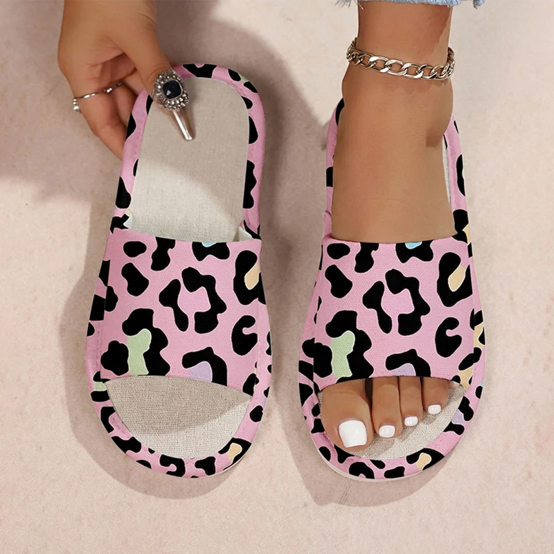 Leopard Print Linen House Slippers Women Flat Fashion Open Toe Summer Shoes Ladies Slip-On Indoor Slides Trendy Soft Lightweight