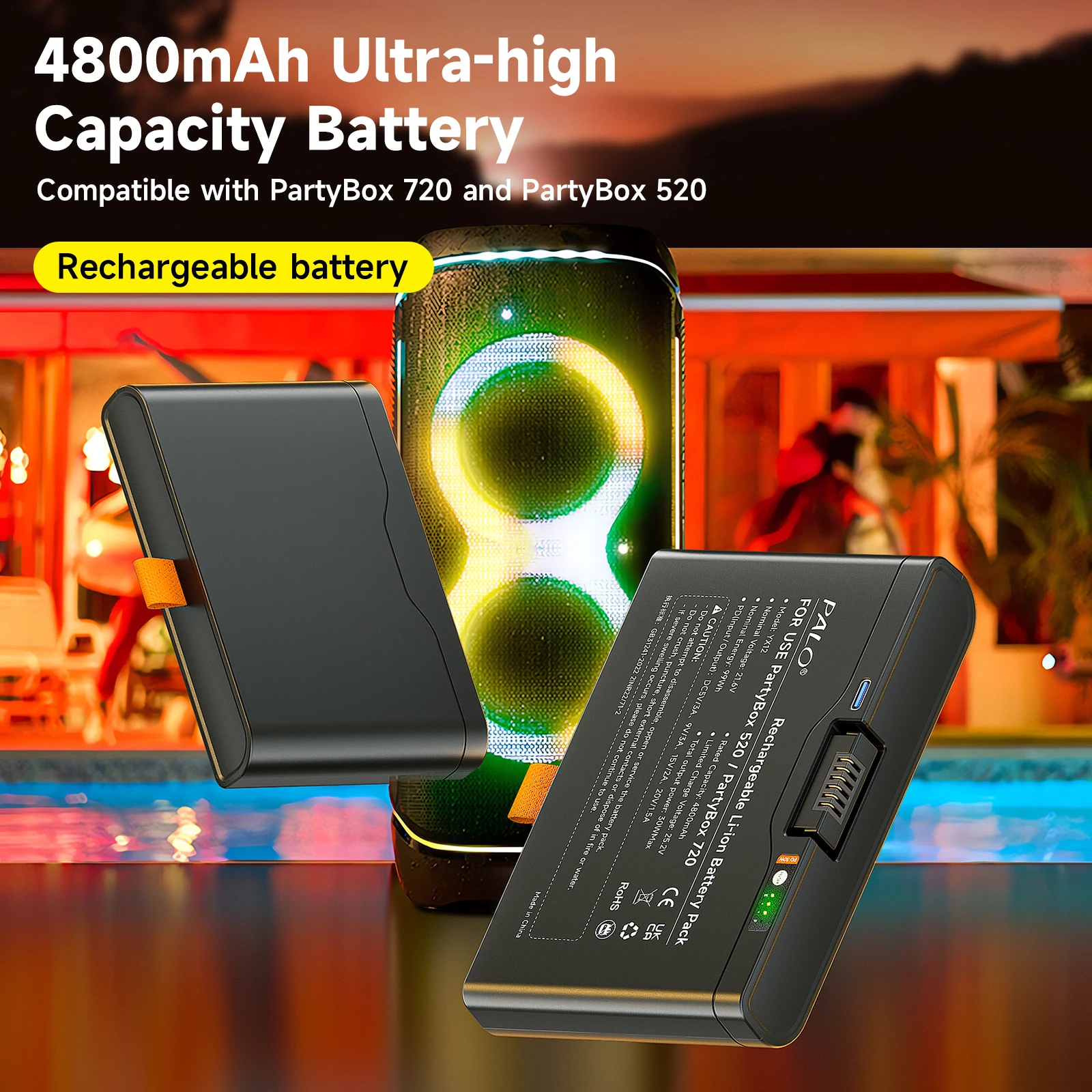 PALO 4800mAh Replacement Battery for JBL Battery 600 Boombox 4 PartyBox 520/720 Bluetooth Speaker with Type-C Input