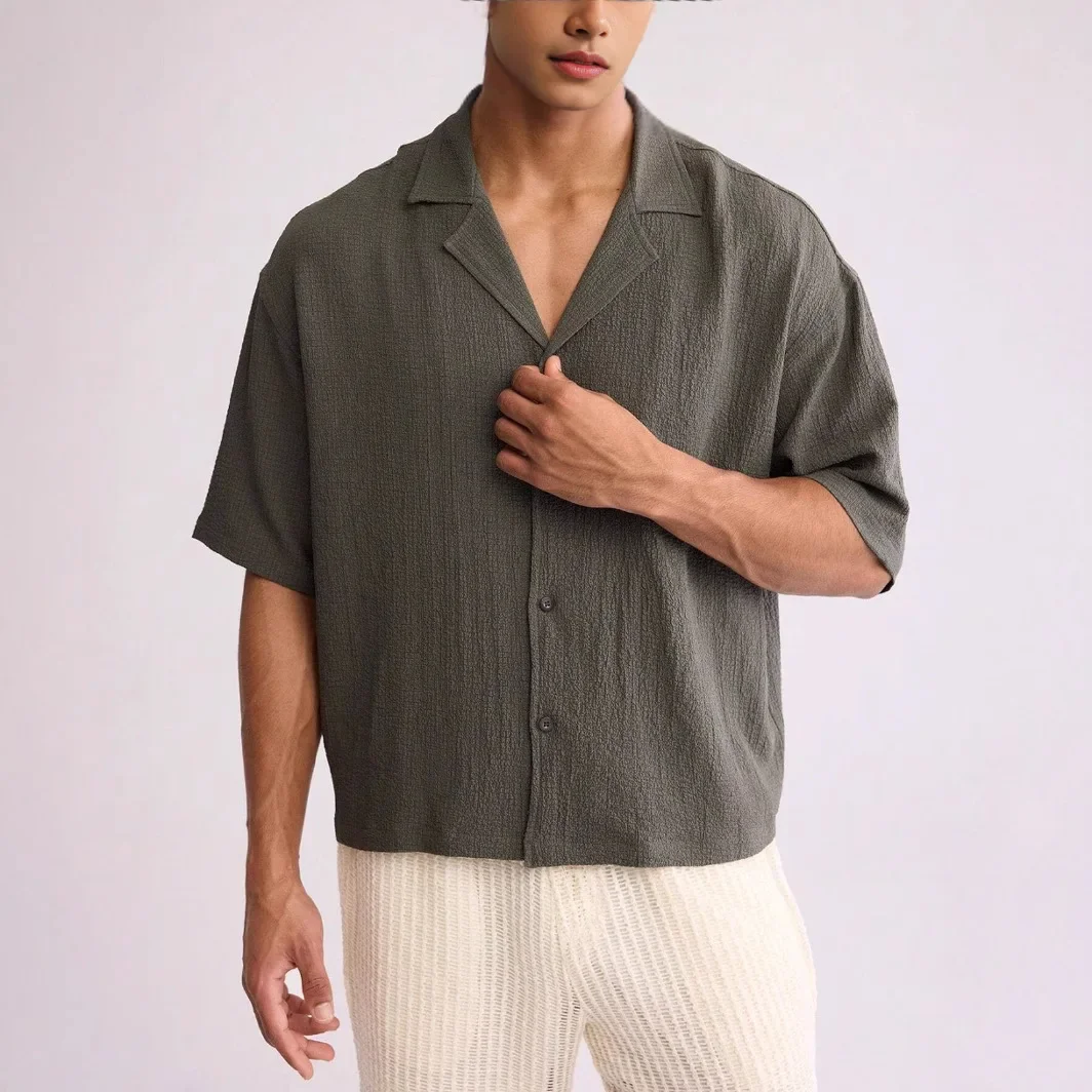 

New 2025 Men's Loose Fit Short Sleeve Pure Color Shirt Trendy Turn-down Collar Summer Casual Wear