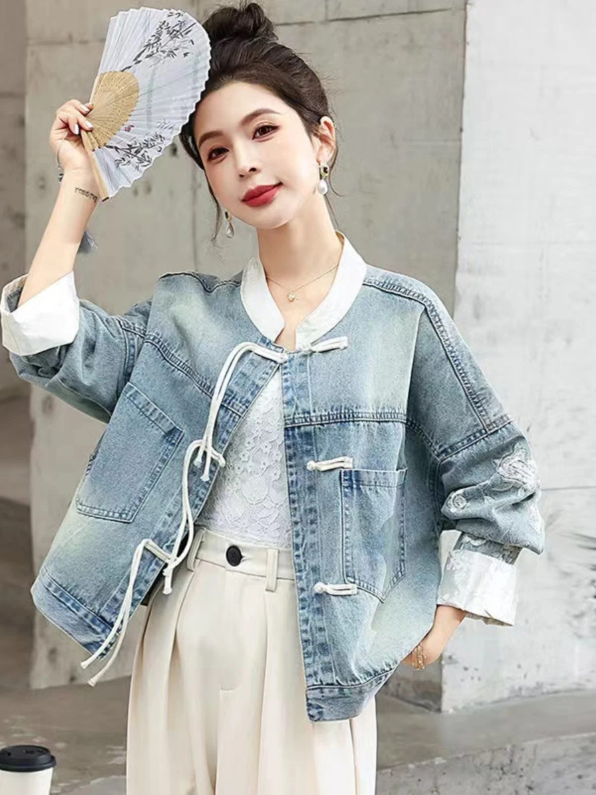 Women's Embroidered Jacket Heavy Embroidery Button up Denim Coat Spring New Chinese Style Loose Fit Long Sleeve round Neck