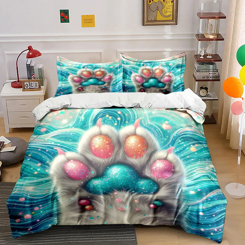 

Dreamy Cat Paw and Ocean Glow Duvet Cover Set with 3D Printing Design Soft Polyester Bedding Set All-Season Comfort for gifts