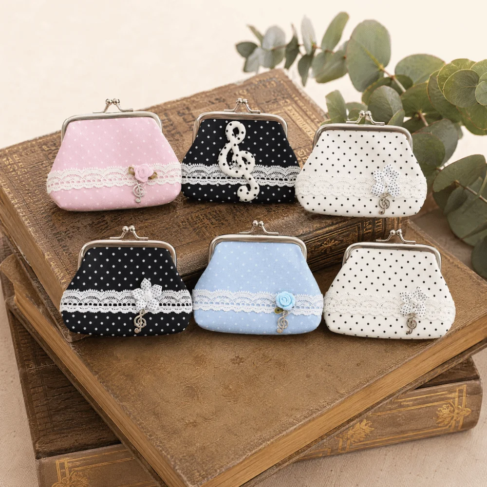 Cute Handmade Lace Polka Dot Coin Purse Music Note Rose Pattern Kiss Lock Wallet Portable Vintage Earphone Bag Party