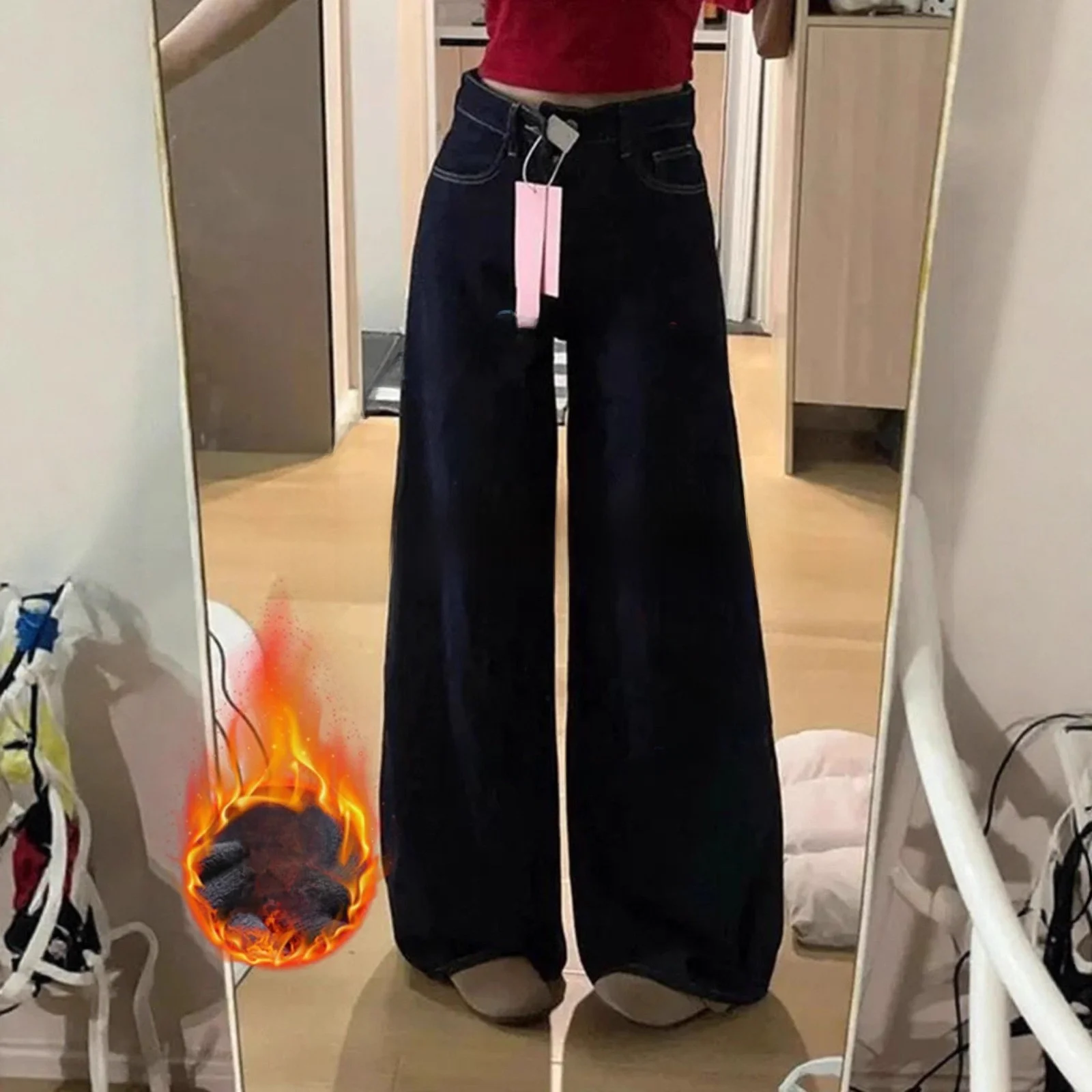 

plus Size Fleece Lined Thick Blue Wide Leg Jeans Women Autumn Winter High Waist Loose Comfortable Straight Long Trousers