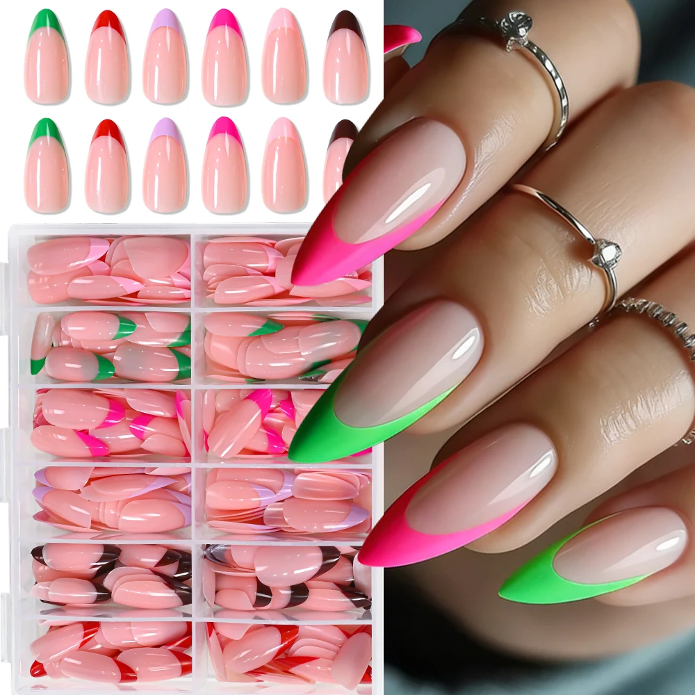 

288Pcs/box Colorful Edge French Wearable Nail Glossy Pink False Nails Tip Long Almond 12 Grid 6 Color Press On Fake Nails Patch