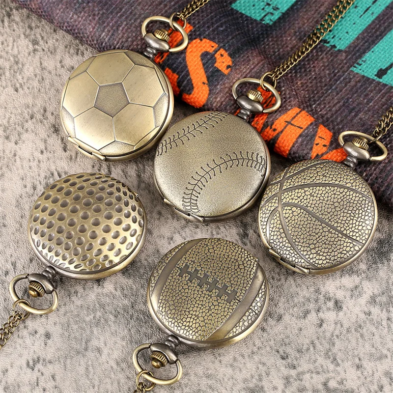 

Bronze Sport Themed Pocket Watch Necklace Football Basketball Baseball Golf Rugby Design Pendant Quartz Clock for Ball Fans