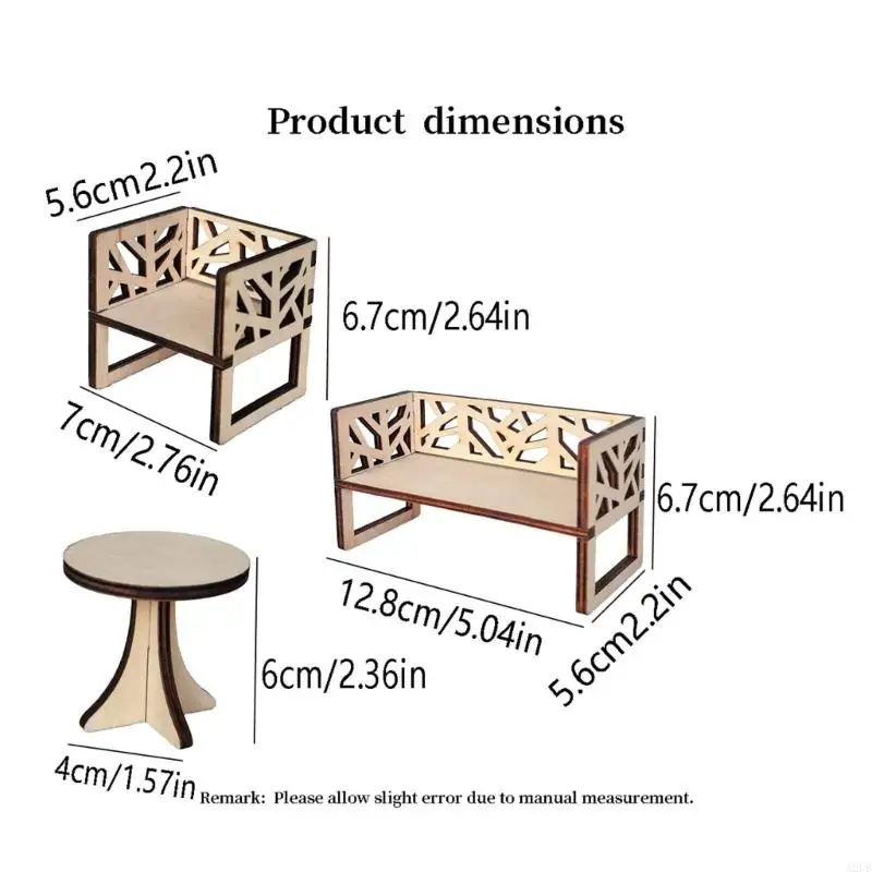 Hölzernes Puppenhaus-Set aus Tisch und Stuhl Maßstab 1:12 mit aufwendig geschnitztem Design für die Präsentation von A2UB – Detail 6