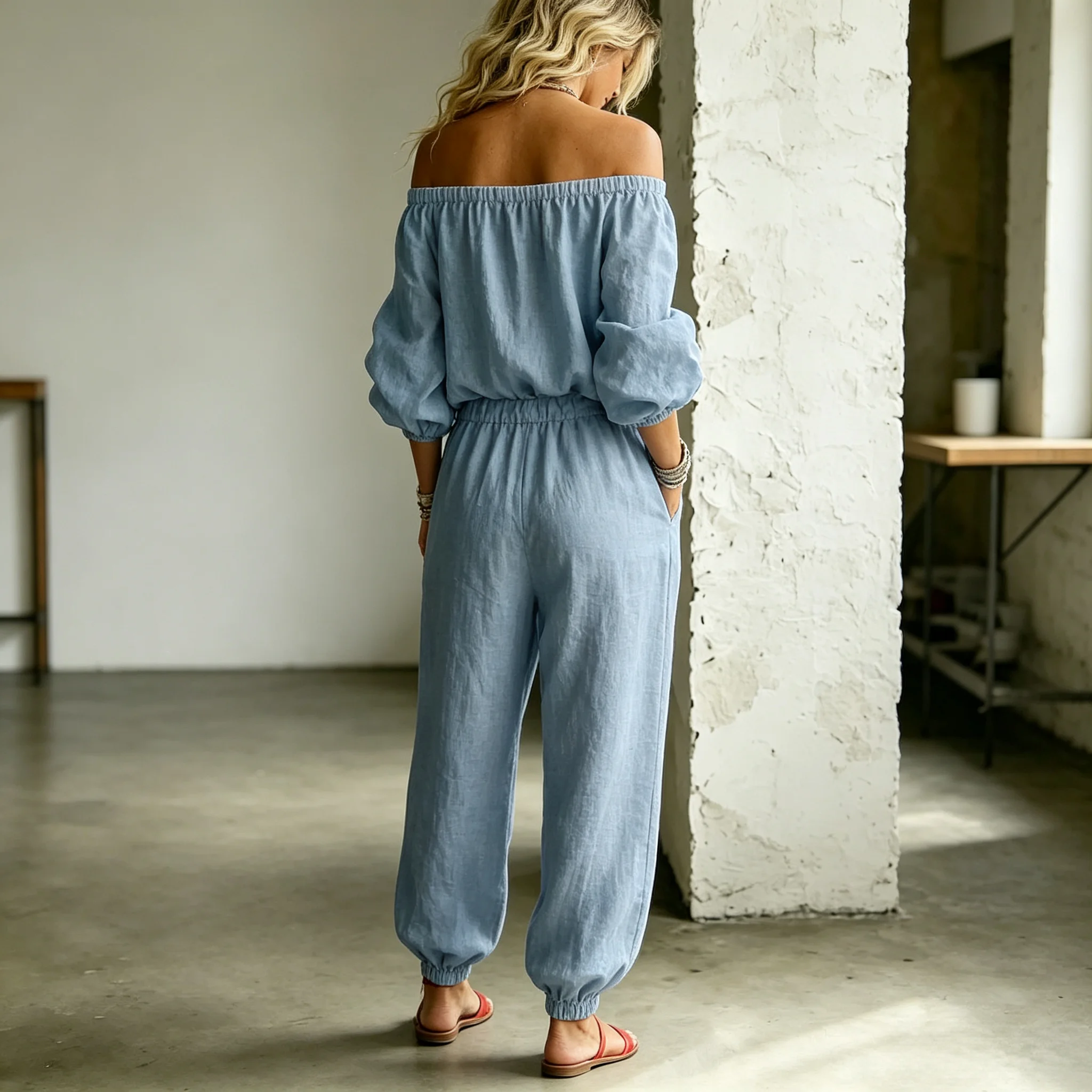 New Women's Bohemian Style Off-Shoulder Set, Loose One-Line Neckline Puff Sleeve Top, Elastic Waist Pocket Pants Two-Piece Set