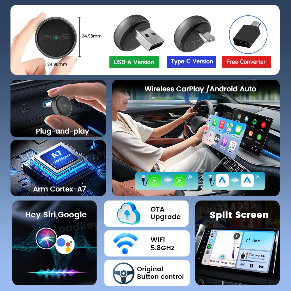 Carlinkit 2 In 1 Wireless Carplay Adapter Convert Wired To Wireless Carplay Wireless Control Plug & Play Carplay With USBA TypeC