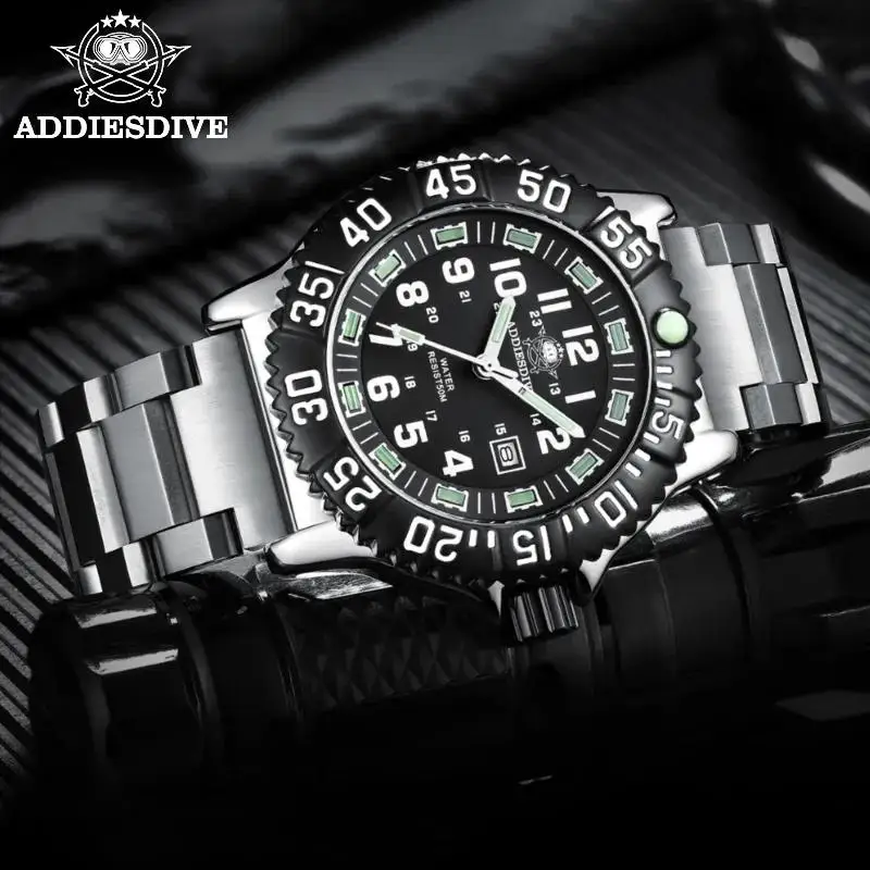 Addies Dive-reloj deportivo de acero inoxidable 316L para hombre, pulsera con esfera negra, resistente al agua hasta 50m, luminoso, con carcasa de aleación de 51mm, nuevo