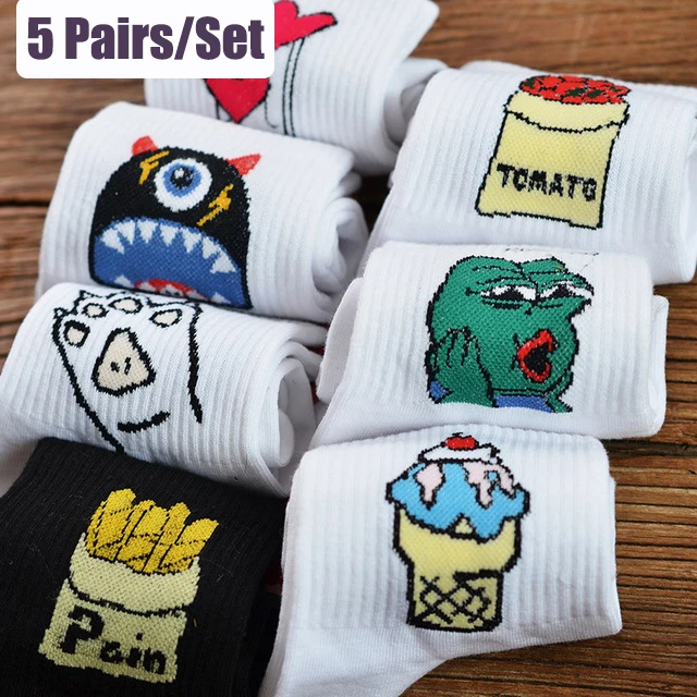 

5 Pairs/Lot Women's White Cartoon Socks Cute Summer Breathable Female Socks Simple Short Crew Socks