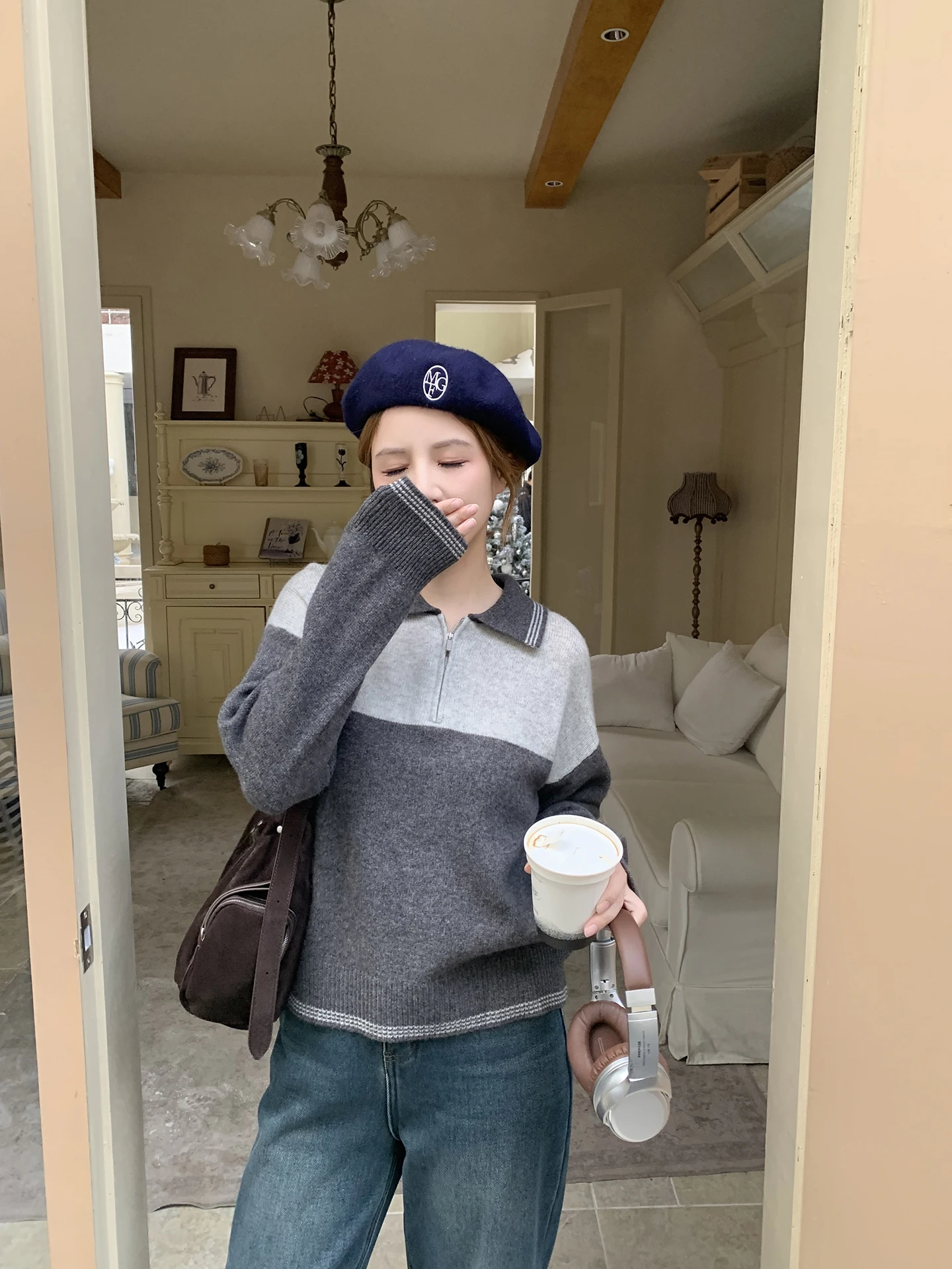 

ELINSU 00% Wool Collar Sweater Women's Loose Knitted Top Autumn Winter Warm Fing Color Blo Upper Body