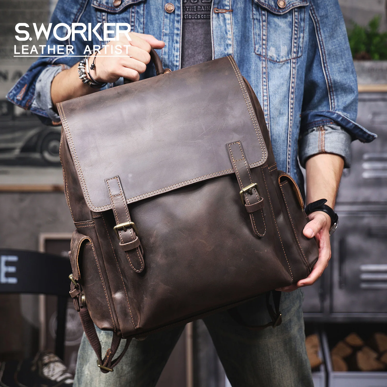 S.WORKER Vintage Echtleder-Rucksack 15" Laptop-Tasche Lässige Crazy-Horse-Leder-Schultasche Outdoor-Reise-Weekender-Tasche – Detail 2