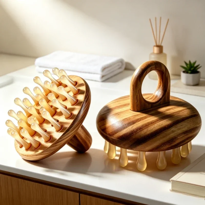 Green Sandalwood and Horn Massage Comb, Mortise and Tenon Fitted Teeth for Scalp, Arms, Abdomen and Calves, Smooth Detangling