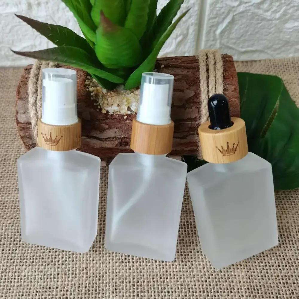 Botella cuentagotas de vidrio de bambú de alta calidad, embalaje cosmético de madera y bambú, botella cuentagotas de vidrio cuadrada, viales, botella de aceite esencial
