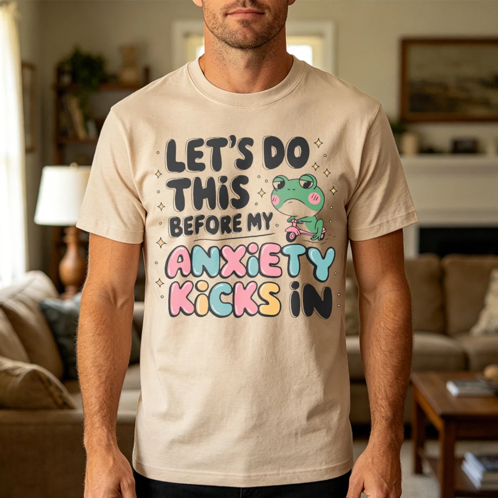 Let's Do This Before My Anxiety Kicks In Frog Riding Scooter Graphic T Shirt Men Mental Health Awareness Novelty Print Tee