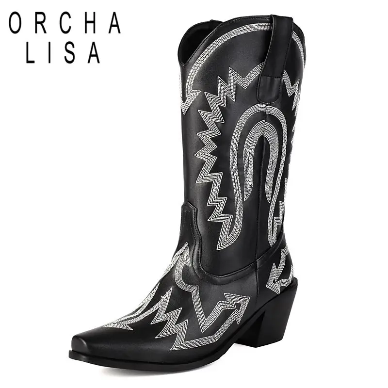 

ORCHA LISA 2025 Western Boots for Women Square Toe Block Heels 6cm Slip On Embroider Plus Size 48 49 50 Fashion Mid Calf Bota