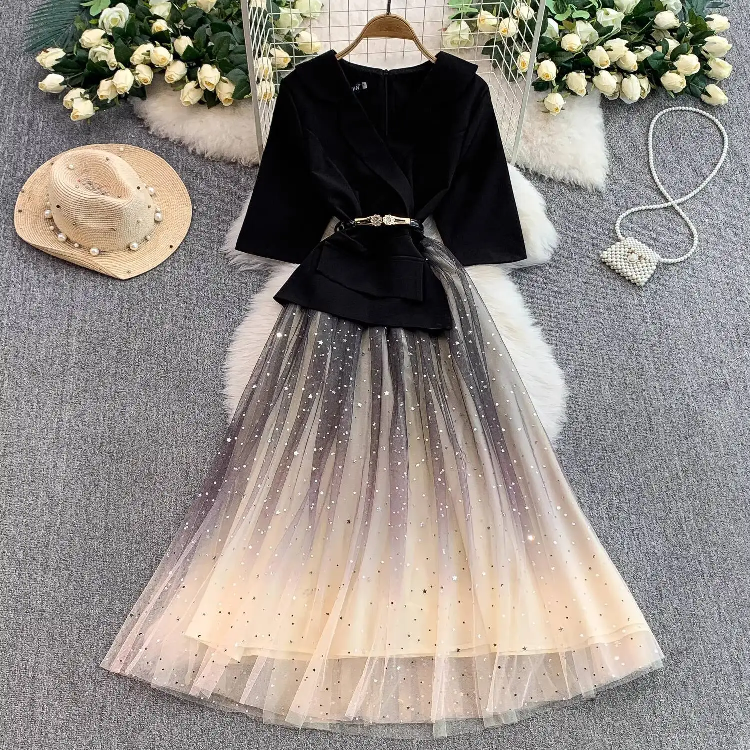 

Черный пиджак в стиле Хепберн в стиле пэчворк, длинное платье из тюля с воротником, женское летнее платье с блестками, роскошные вечерние платья миди для вечеринок