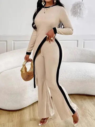 Fashion Patchwork Slim Set Lady Casual Long Sleeve O Neck Tops+High Waist Wide Leg Pants 2 Piece Sets For Women Autumn Clothes