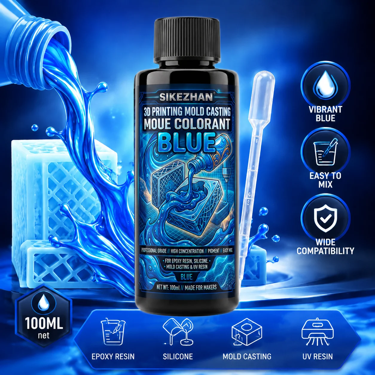 

High Concentration Blue Resin Colorant for 3D Printing, UV Resin, Epoxy & Silicone – Vibrant Color, Smooth Finish, High Detail