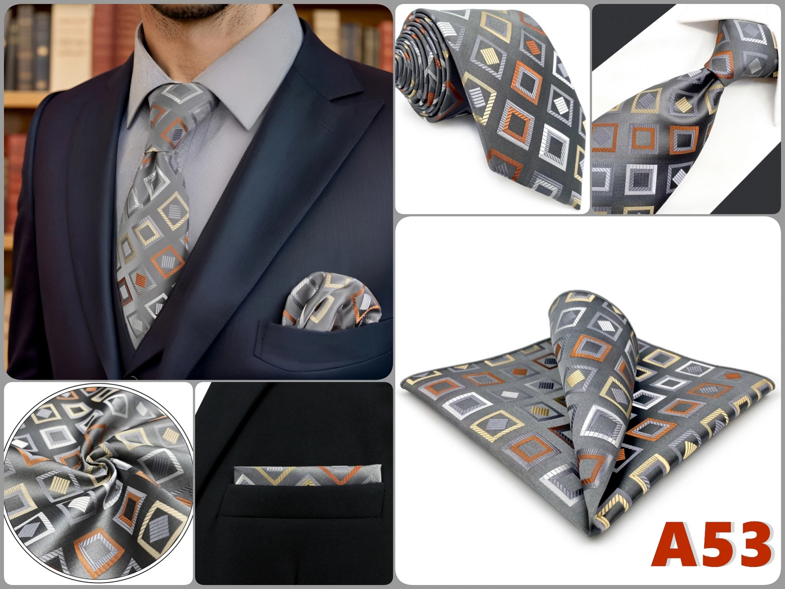 Braunes Herren-Krawatten-Einstecktuch-Set, klassisches Krawatten-Einstecktuch-Set, Business-Formal, Khaki, 147 cm, Dropshipping, Vintage – Detail 15