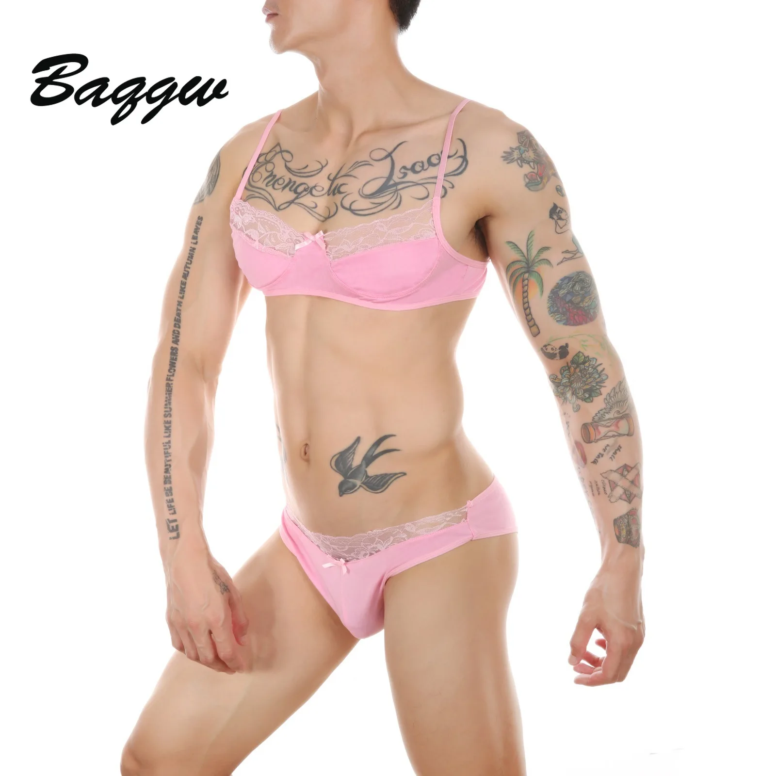 

Sexy Cross-dresser Mens 2 Piece Bra Sets Lace Spaghetti Strap Backless Low Waisted Solid Color Hornier Gay Wild Erotic Nightclub