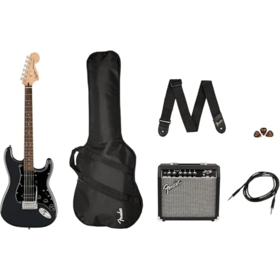 

Squier Affinity Series Stratocaster Packs Electric Guitar for beginners, alder body, black finish, includes amp and accessories