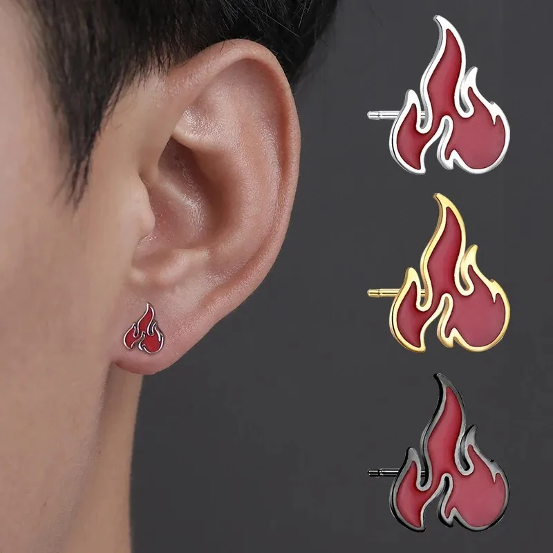 American Style Red Drop Glue Flame Earring Men Eye-catching Bright Red Color Rock Hip Hop Gothic Joyful Atmosphere Party Earring