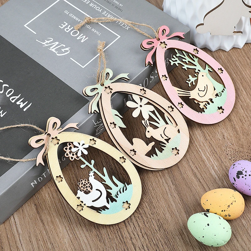 

Easter Wooden Pendants Hanging Ornaments Easter Bunny Egg Hollow Wood Slices Pendant Happy Easter Party Decor For Home DIY Craft