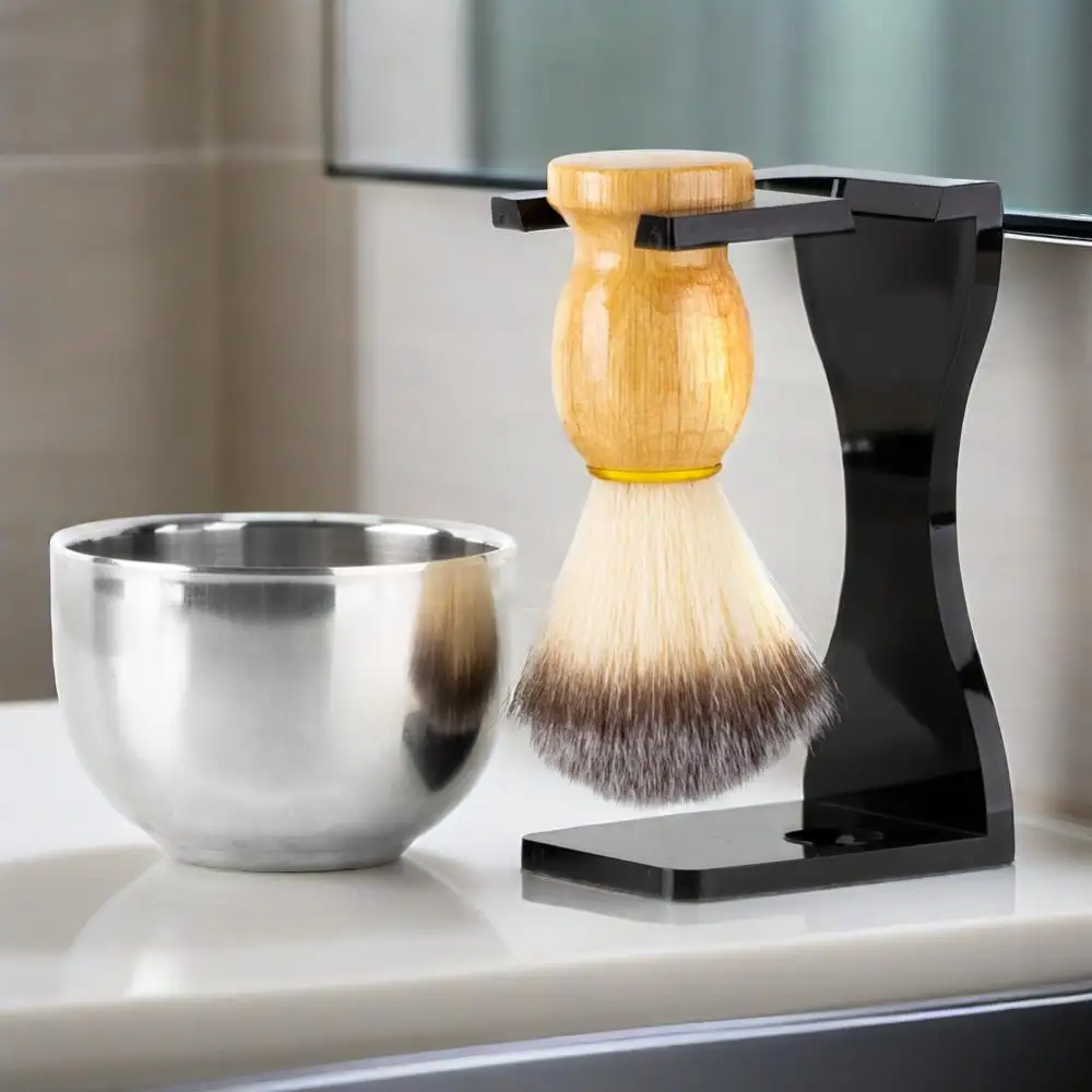 

Men's 3in1 Shaving Brush Set–Synthetic Badger Hair 20mm+Acrylic Stand & Stainless Steel Bowl–Wet Shaving Beard Grooming Kit Gift