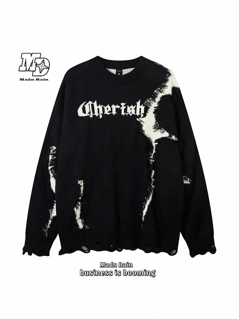 

Madn Rain Original American Sle Lazy Autumn Winter Hole Knitwear Loose ex Vintage Couple Sweater Youth Casual Long S...