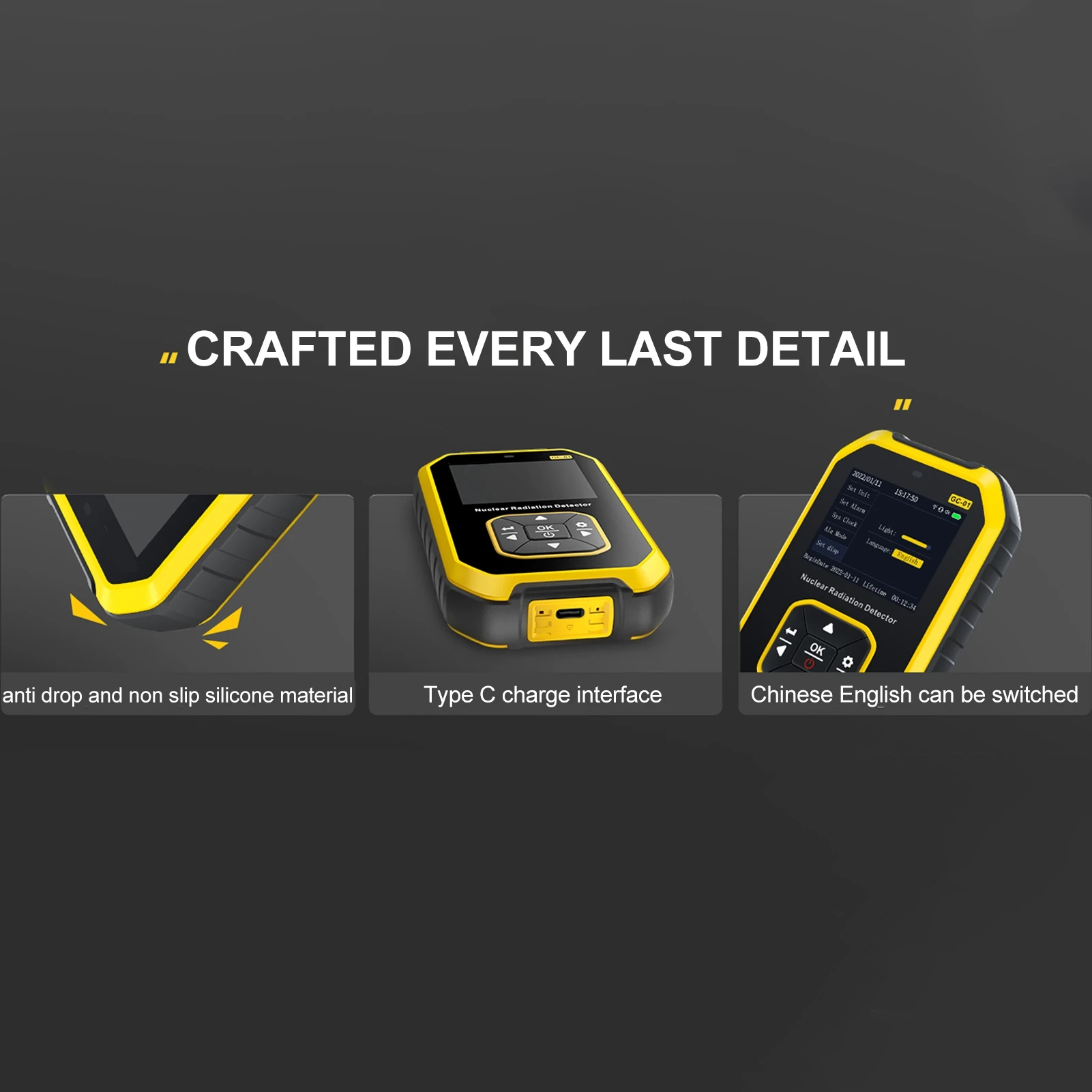 Dosímetro Ativo Compacto Detector de Radiação Nuclear Sensível a Raios β, γ e X com 3 Modos de Alarme e Cabo USB para Metal e Tomografia Computadorizada