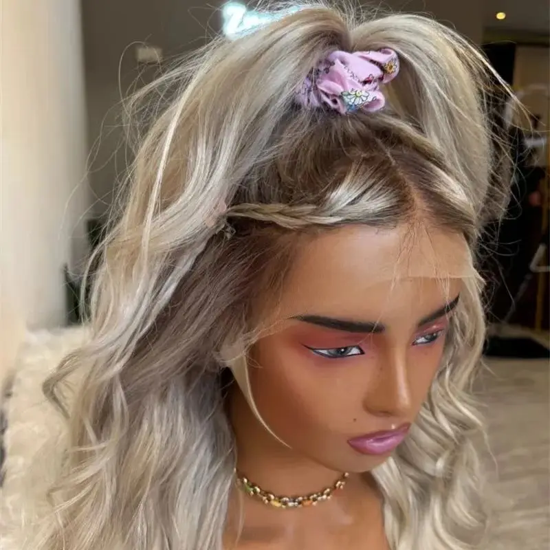 

13x4 Ombre Платиновый Блондин Мелирование HD Парик Фронта Шнурка с Пепельно-Коричневыми Корнями Натуральная Предварительно Сорванная Линия Волос Мягкий Длинный Парик